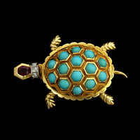 Vintage 18K Yellow Gold Estate Gem Set and Diamond Turtle Pin