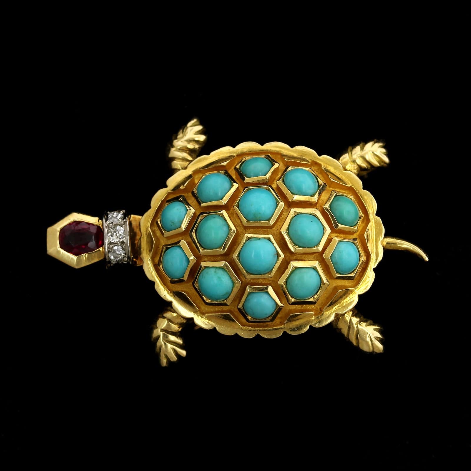 Vintage 18K Yellow Gold Estate Gem Set and Diamond Turtle Pin