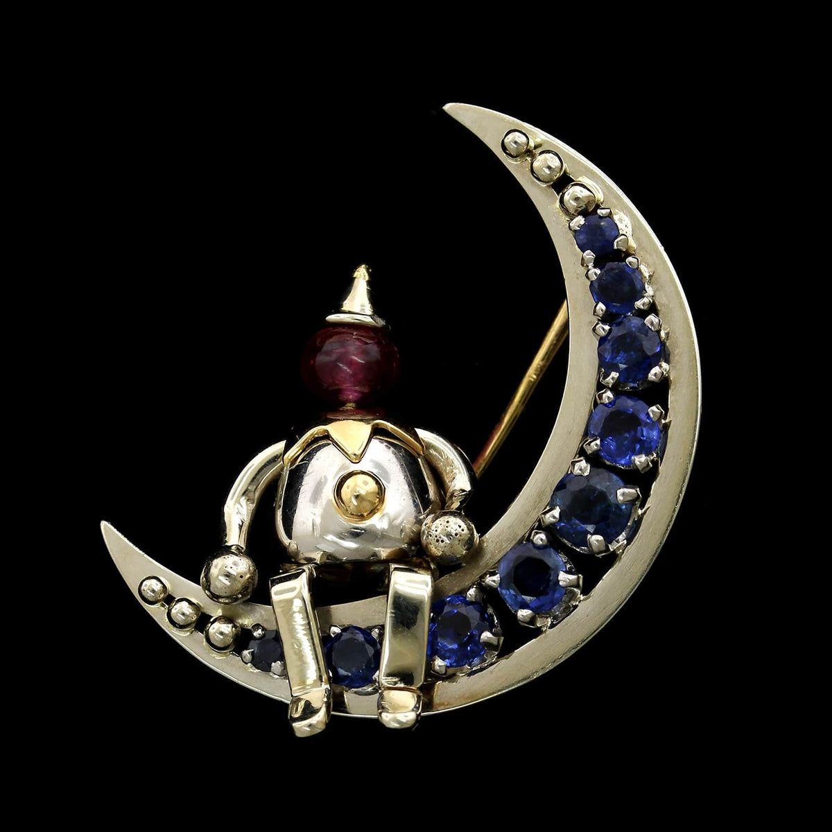 Vintage 14K Two-Tone Gold Estate Sapphire and Ruby Man on the Moon Pin