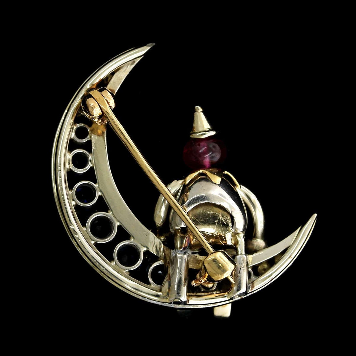 Vintage 14K Two-Tone Gold Estate Sapphire and Ruby Man on the Moon Pin