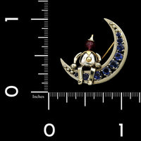 Vintage 14K Two-Tone Gold Estate Sapphire and Ruby Man on the Moon Pin