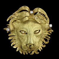 18K Yellow Gold Estate Diamond Lion Head Pin Pendant