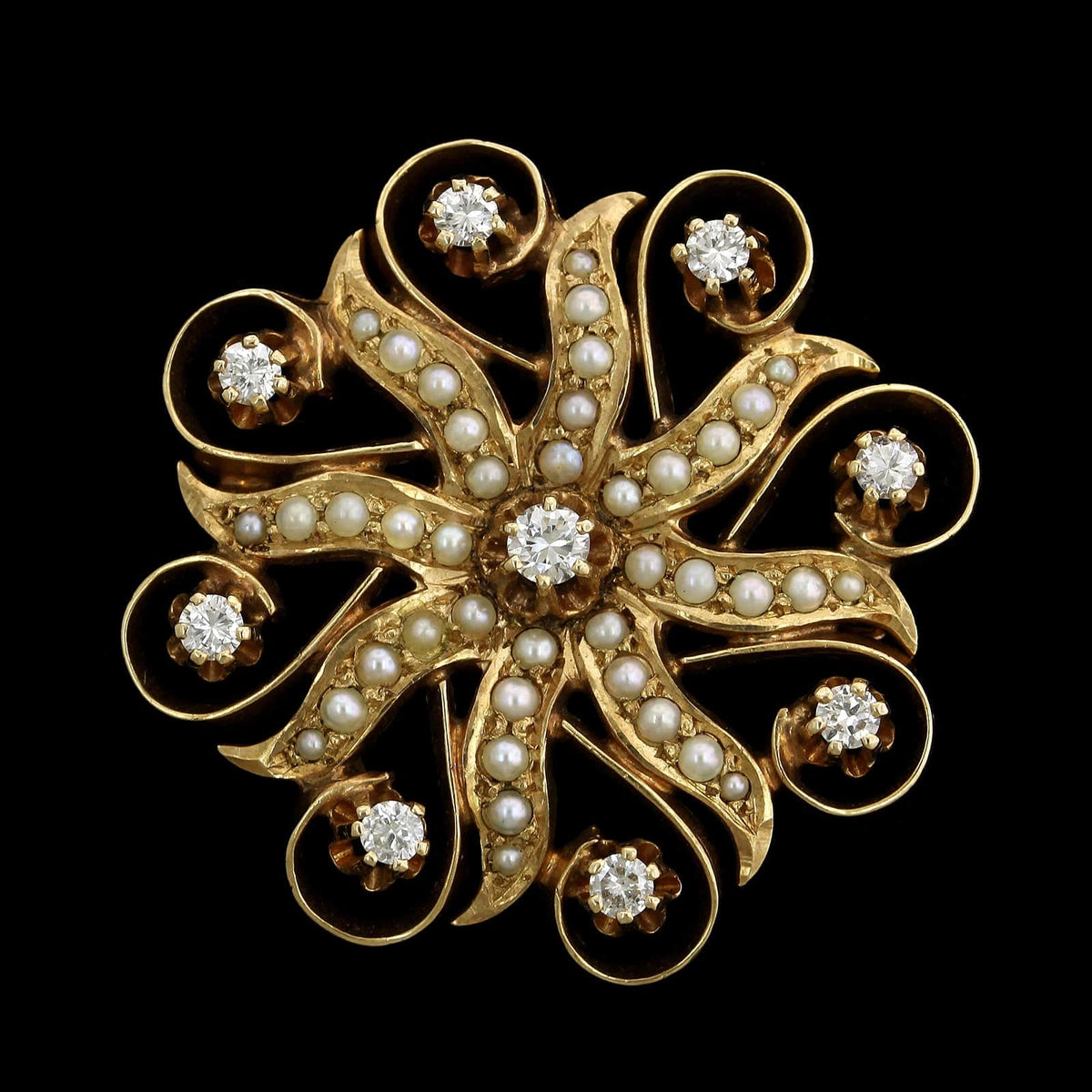 Vintage 14K Yellow Gold Estate Diamond and Seed Pearl Pin Pendant