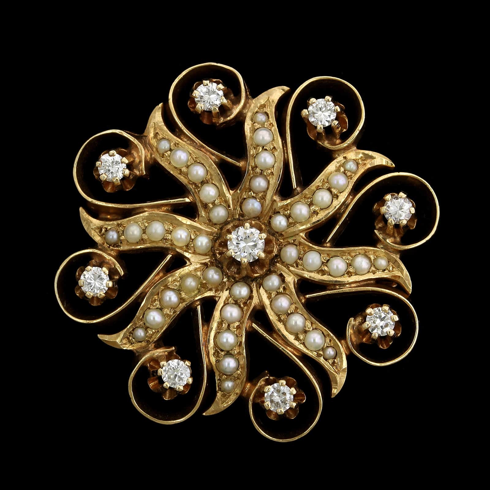 Vintage 14K Yellow Gold Estate Diamond and Seed Pearl Pin Pendant