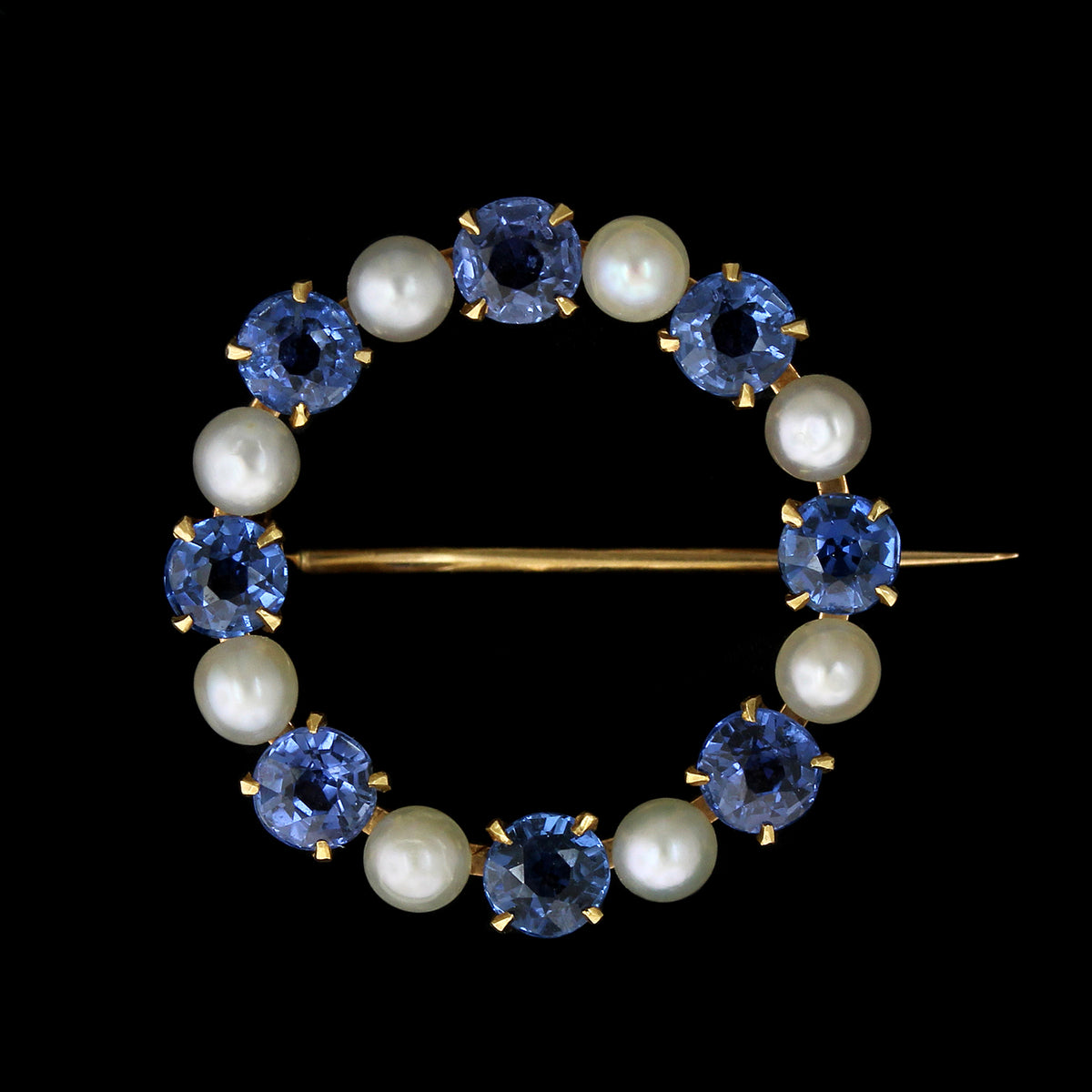 14K Yellow Gold Estate Sapphire and Cultured Pearl Circle Pin