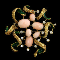 Frascarolo 18K Yellow Gold Estate Coral Diamond and Green Enamel Brooch
