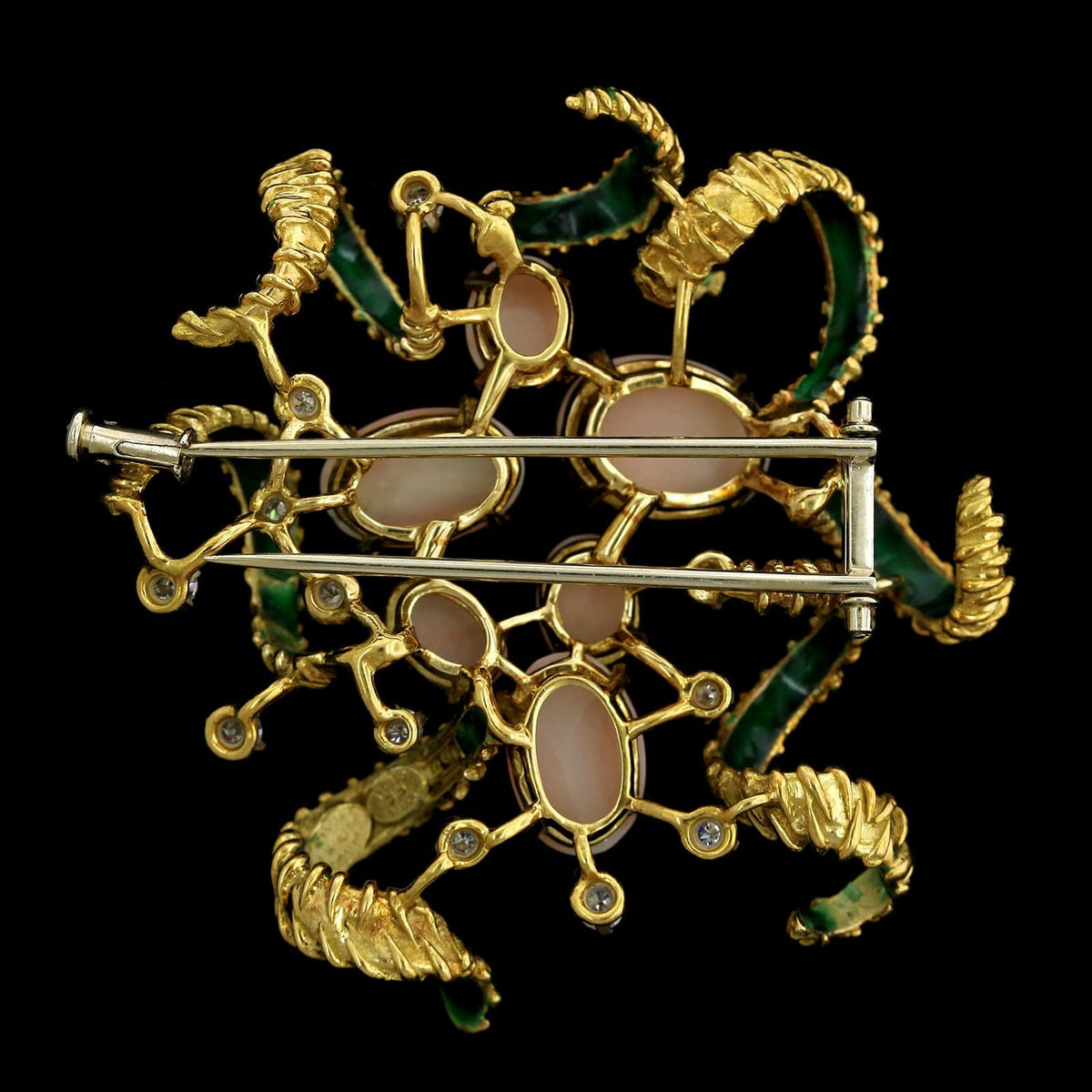 Frascarolo 18K Yellow Gold Estate Coral Diamond and Green Enamel Brooch