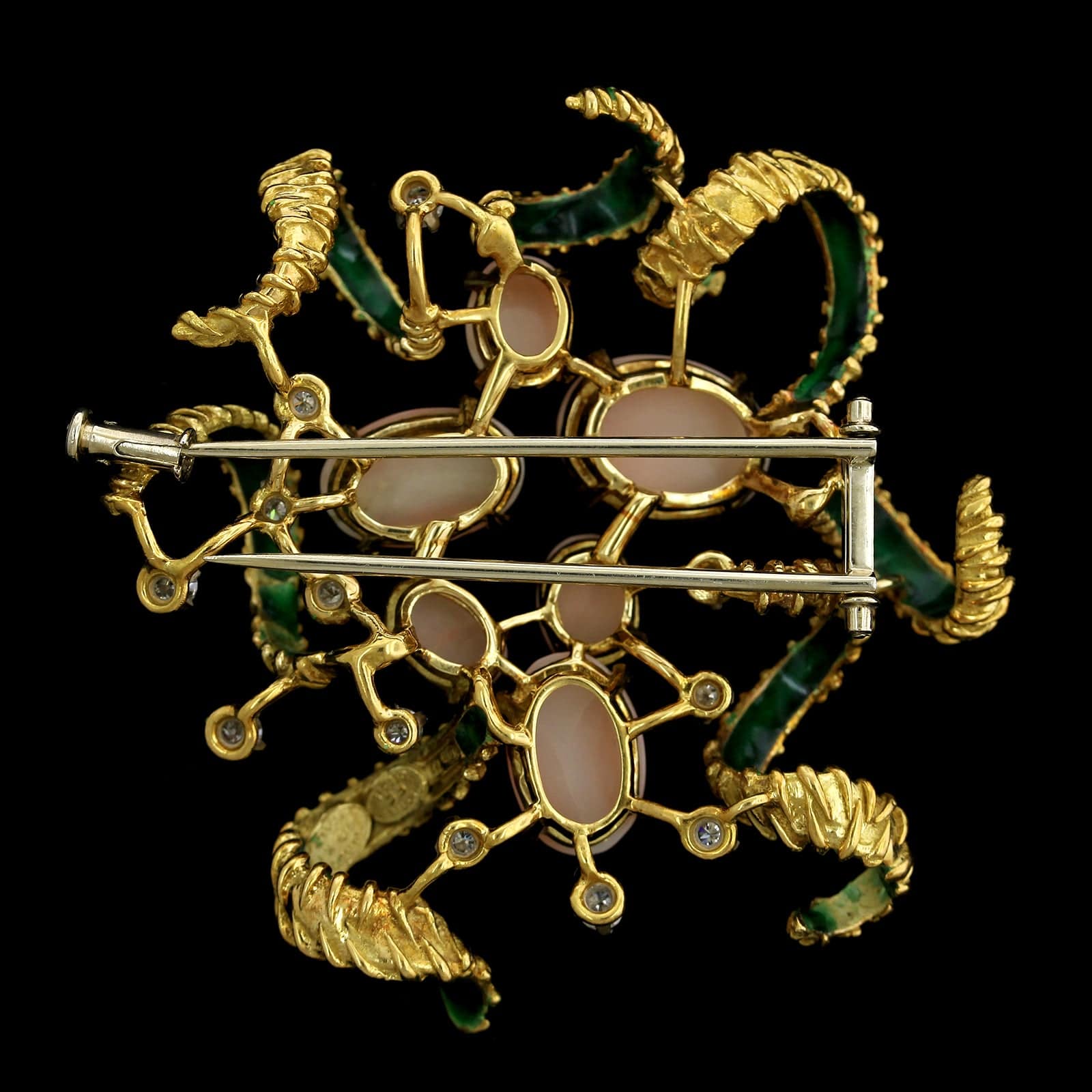 Frascarolo 18K Yellow Gold Estate Coral Diamond and Green Enamel Brooch