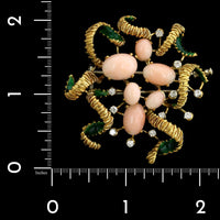 Frascarolo 18K Yellow Gold Estate Coral Diamond and Green Enamel Brooch