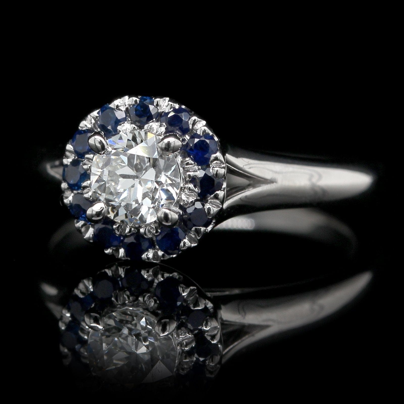 Platinum Diamond and Sapphire Halo Engagement Ring