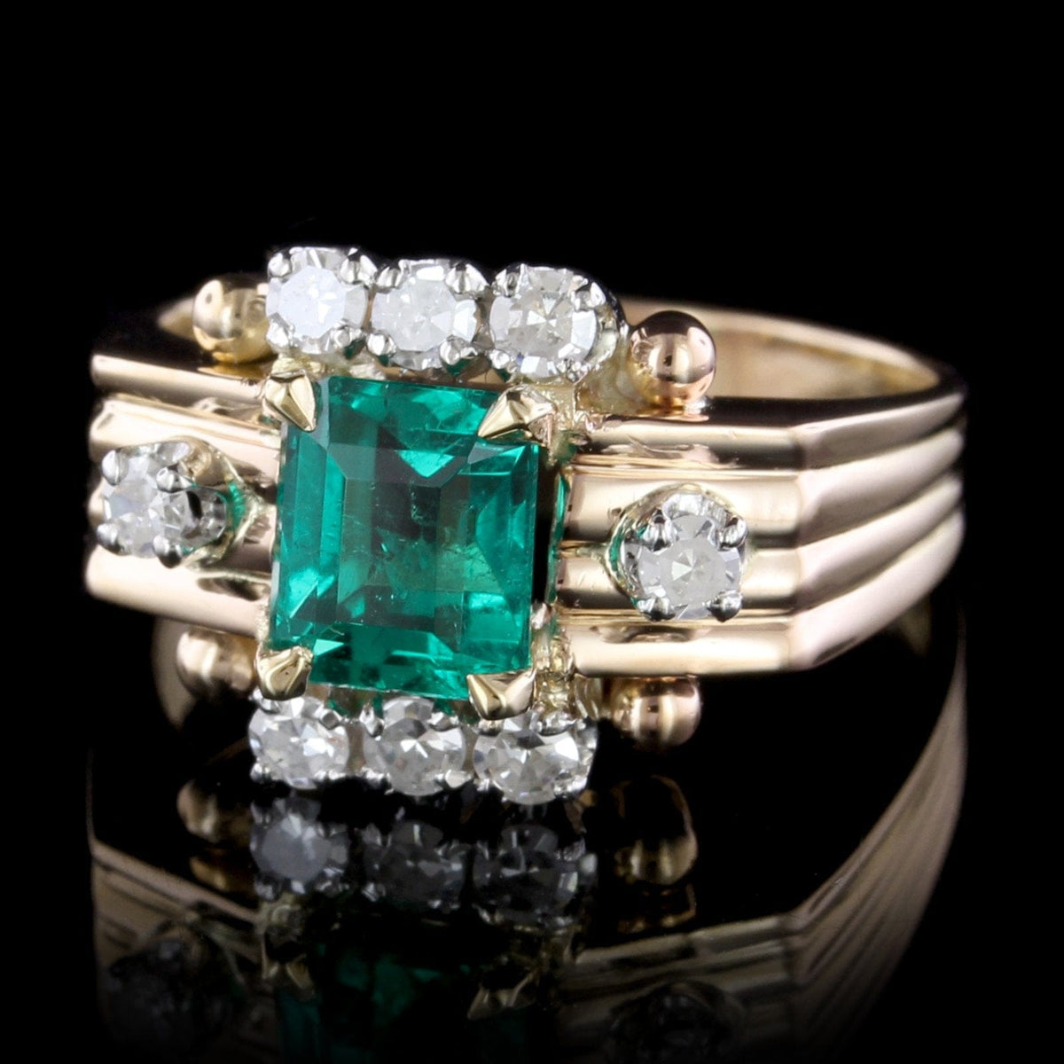 18K Rose Gold Estate Emerald and Diamond Ring