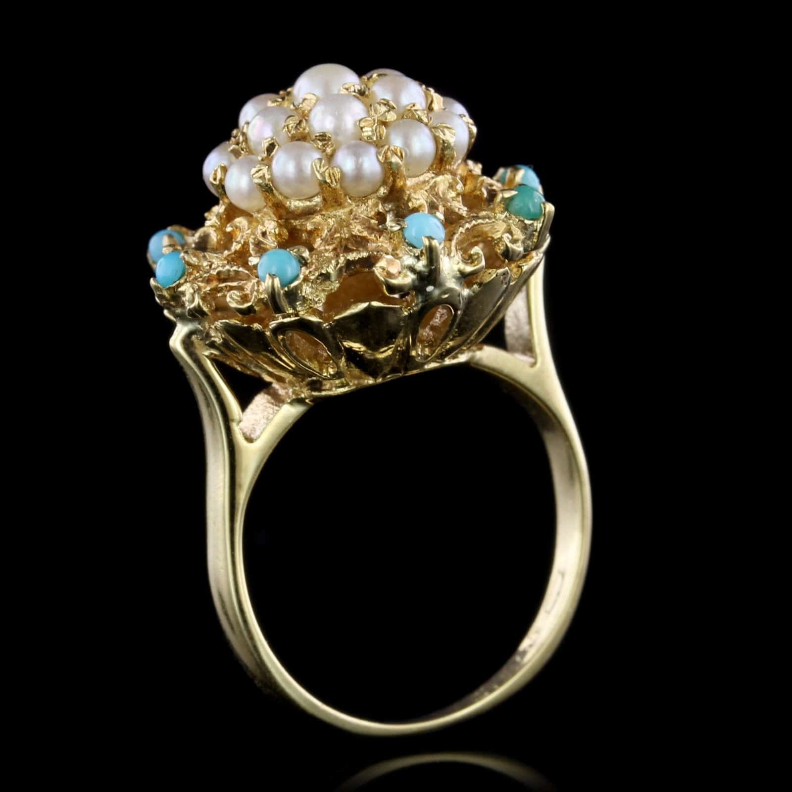 18K Yellow Gold Estate Cultured Pearl and Turquoise Ring