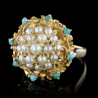 18K Yellow Gold Cultured Pearl and Turquoise Ring