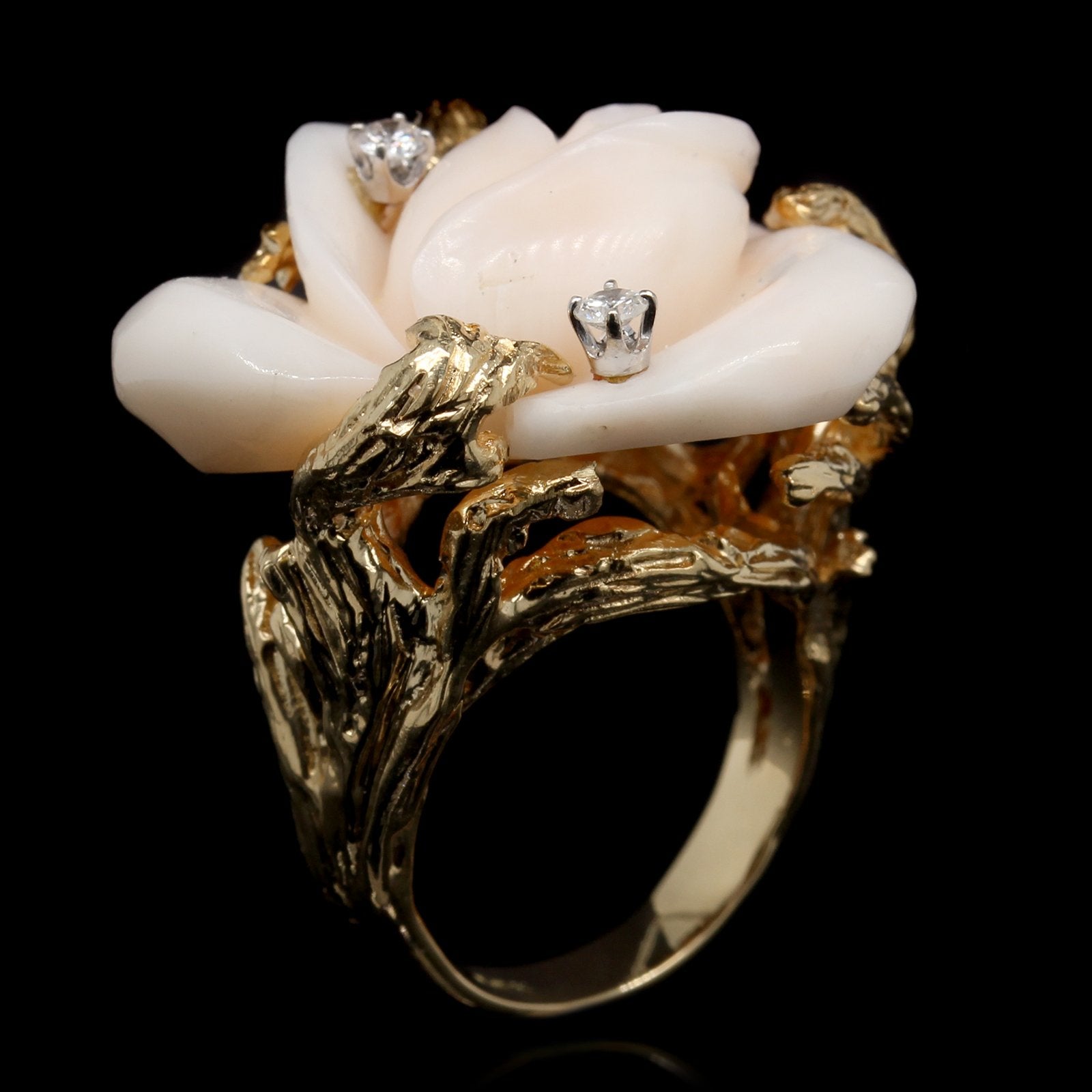 18K Yellow Gold Estate Carved Coral Flower and Diamond Ring
