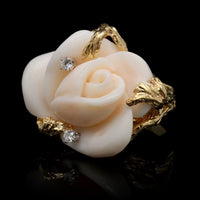 18K Yellow Gold Estate Carved Coral Flower and Diamond Ring