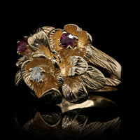 14K Yellow Gold Estate Ruby and Diamond Flower Ring
