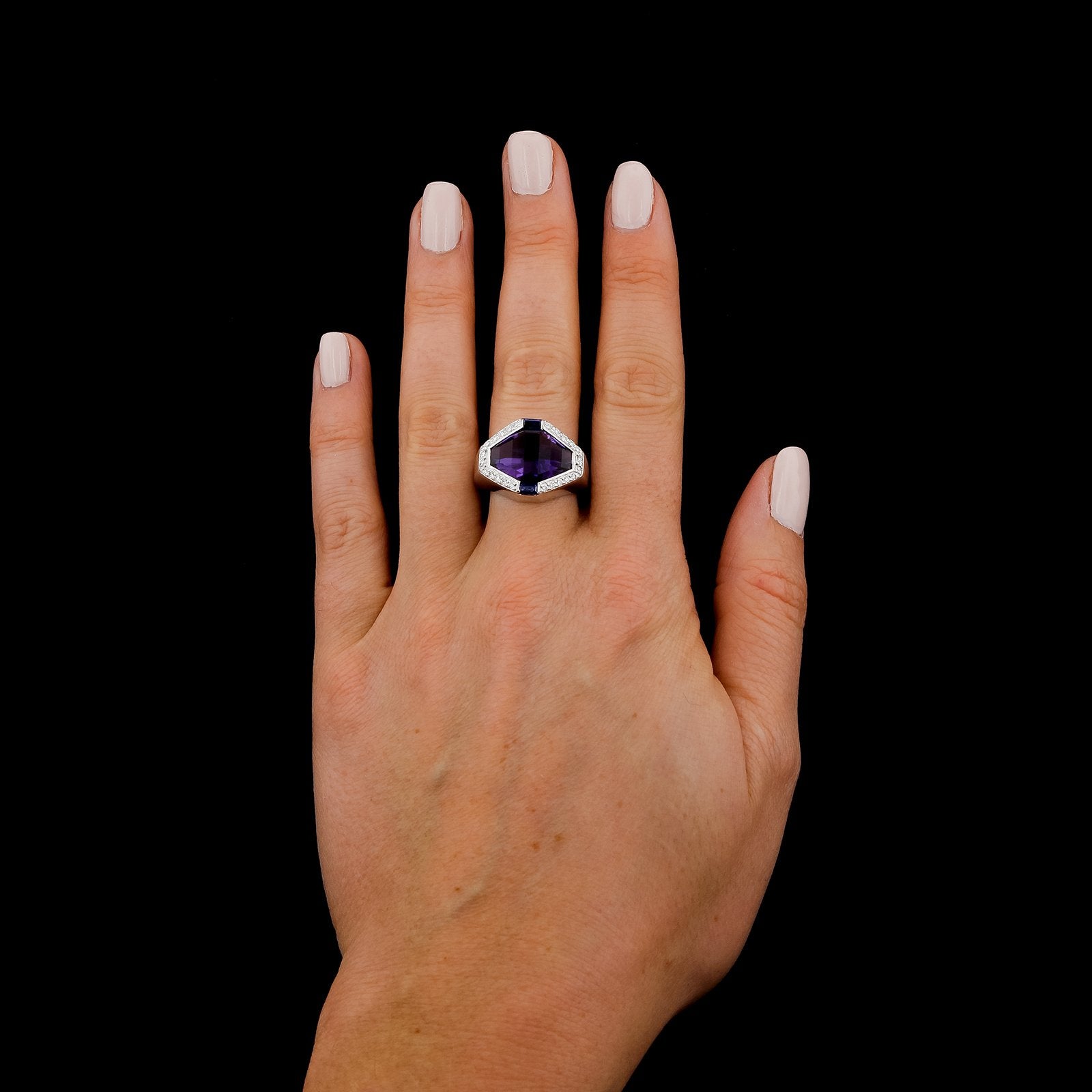 18K White Gold Estate Amethyst, Sapphire and Diamond Ring