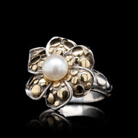 John Hardy Sterling Silver and 18K Yellow Gold Estate Cultured Pearl Ayu Dot Flower Ring