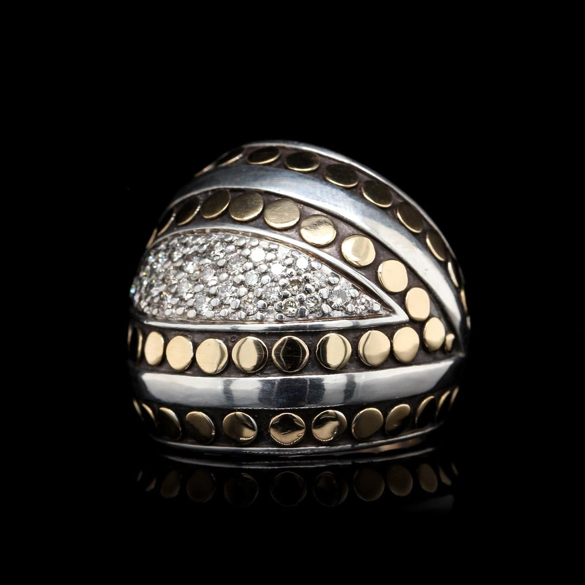 John Hardy Sterling Silver and 18K Yellow Gold Estate Diamond Deco Dot Dome Ring