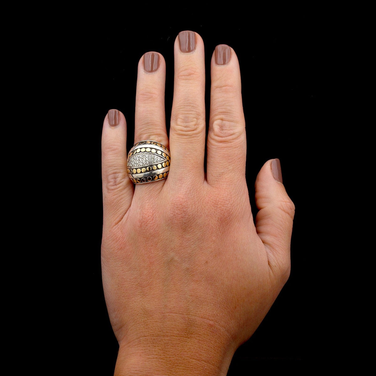 John Hardy Sterling Silver and 18K Yellow Gold Estate Diamond Deco Dot Dome Ring
