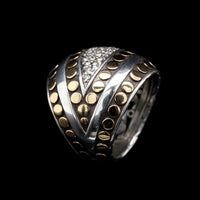 John Hardy Sterling Silver and 18K Yellow Gold Estate Diamond Deco Dot Dome Ring