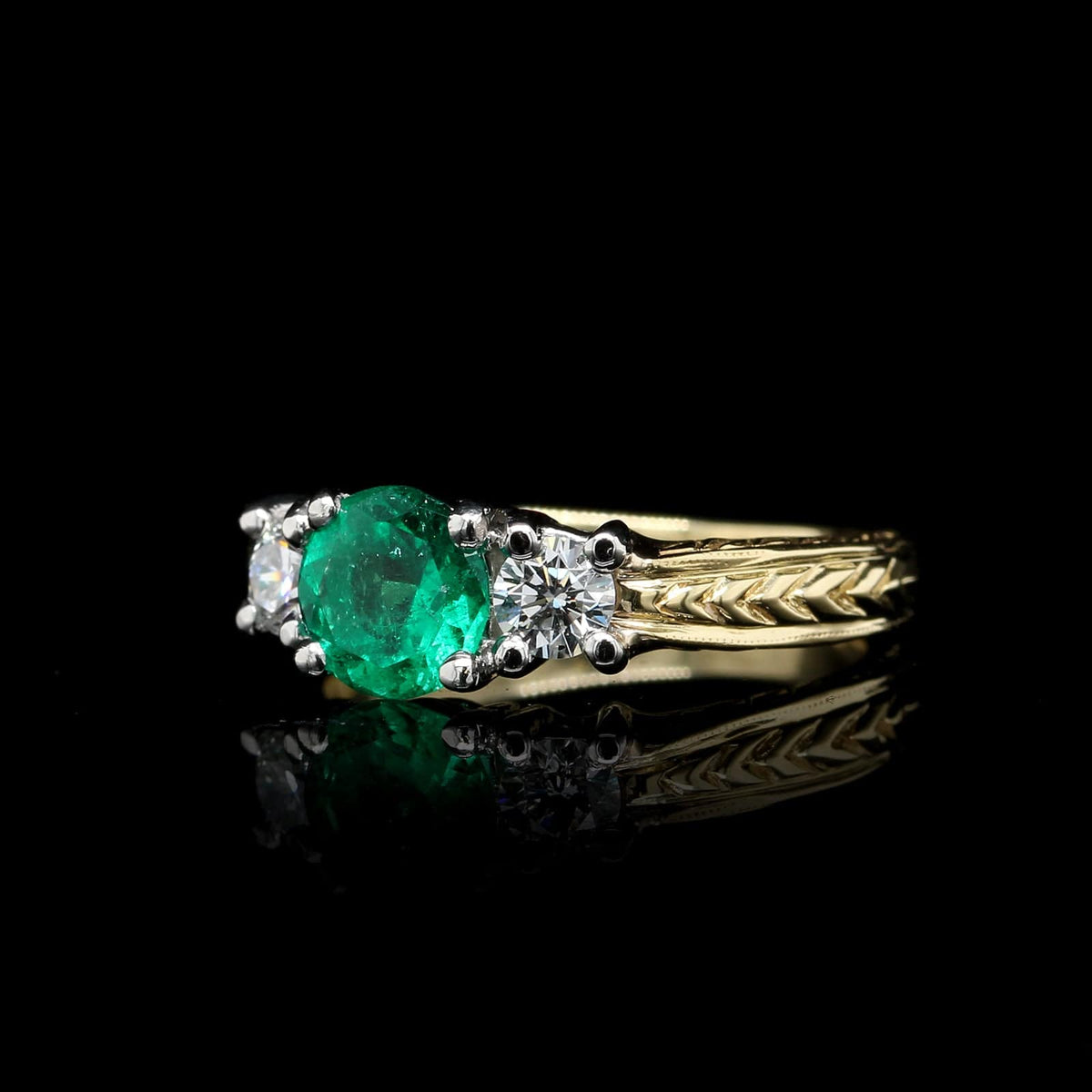 18K Yellow Gold, Platinum Emerald and Diamond Estate Ring