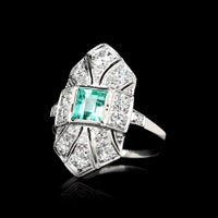 Estate Art Deco Platinum Emerald and Diamond Ring
