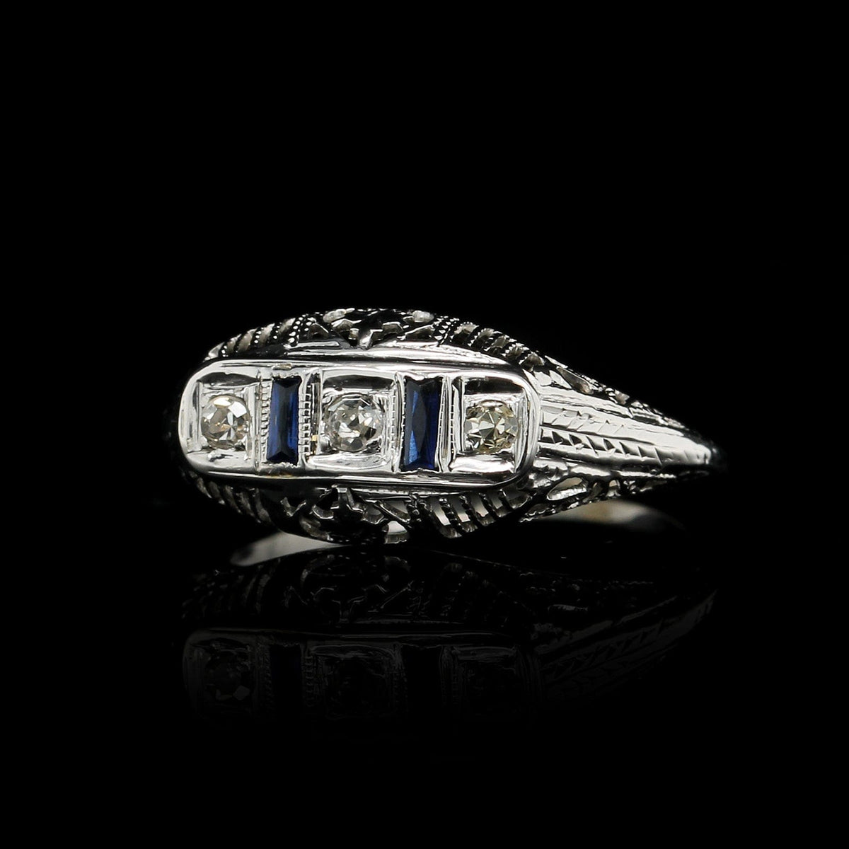 Vintage 18K White Gold Estate Diamond and Synthetic Sapphire Ring