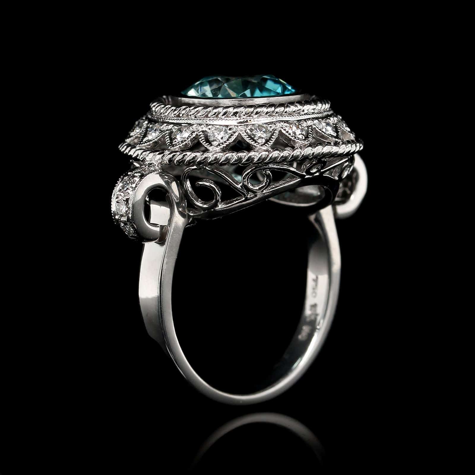 18K White Gold Estate Blue Zircon and Diamond Ring