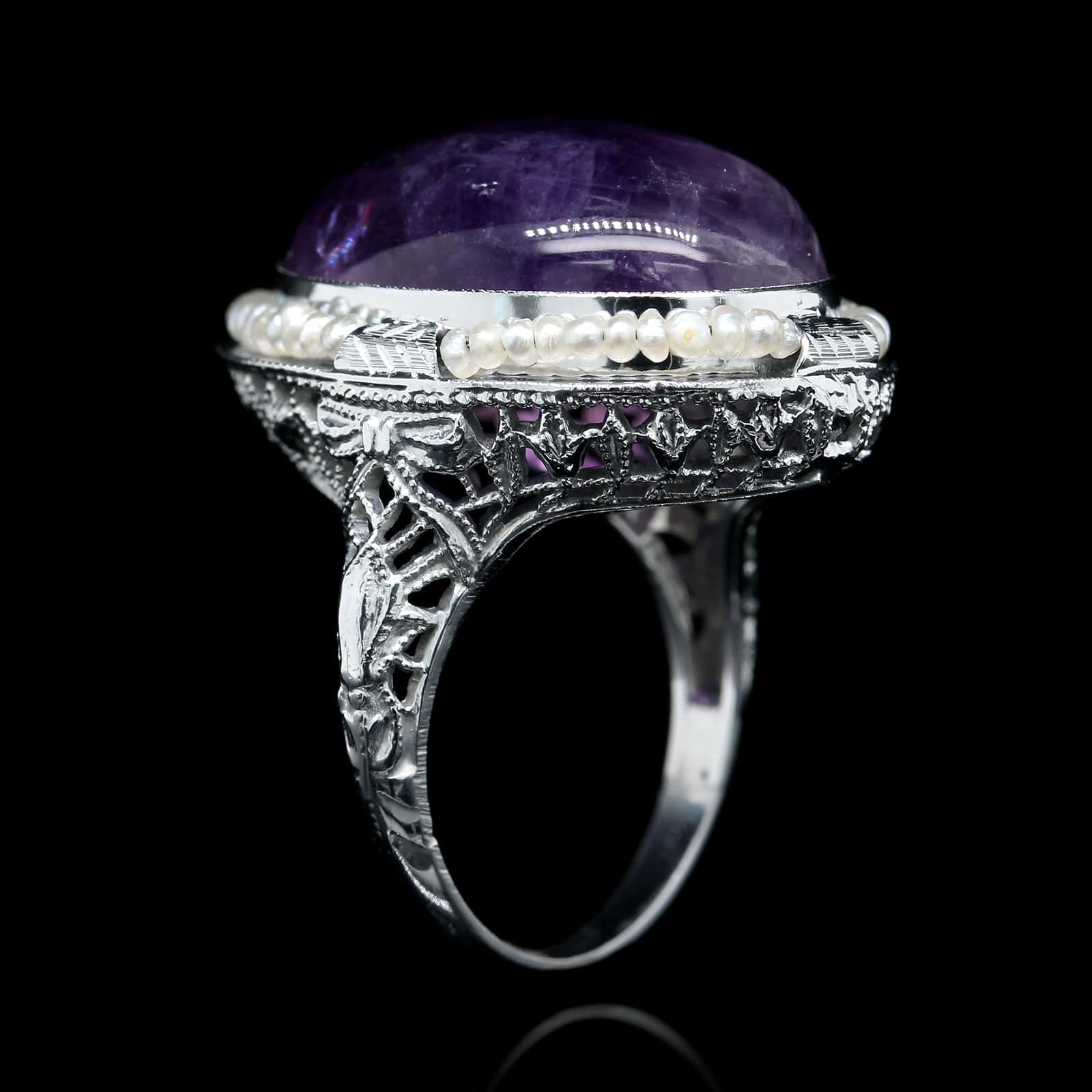 Vintage 14K White Gold Estate Amethyst and Seed Pearl Ring