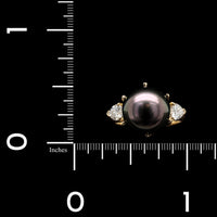 18K Yellow Gold Estate Black South Sea Cultured Pearl and Diamond Ring