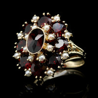 14K Yellow Gold Estate Garnet and Cultured Pearl Ring