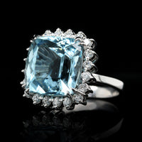 18K White Gold Estate Aquamarine and Diamond Ring