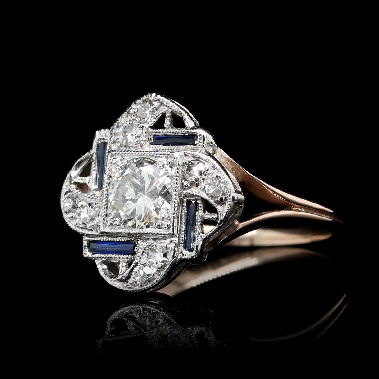 Vintage 14K Two-tone Gold Estate Diamond and Synthetic Sapphire Ring
