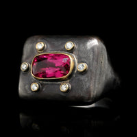 Lika Behar Sterling Silver 24K Yellow Gold Estate Pink Tourmaline and Diamond Ring