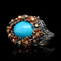 Lika Behar Sterling Silver 18K Rose Gold Estate Turquoise and Diamond Flower Ring