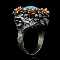 Lika Behar Sterling Silver 18K Rose Gold Estate Turquoise and Diamond Flower Ring
