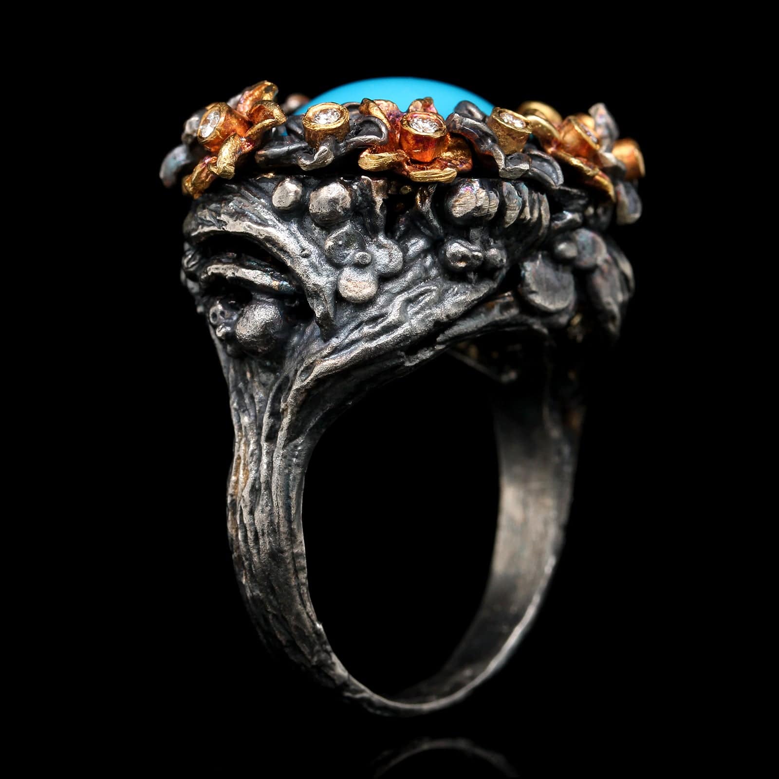 Lika Behar Sterling Silver 18K Rose Gold Estate Turquoise and Diamond Flower Ring