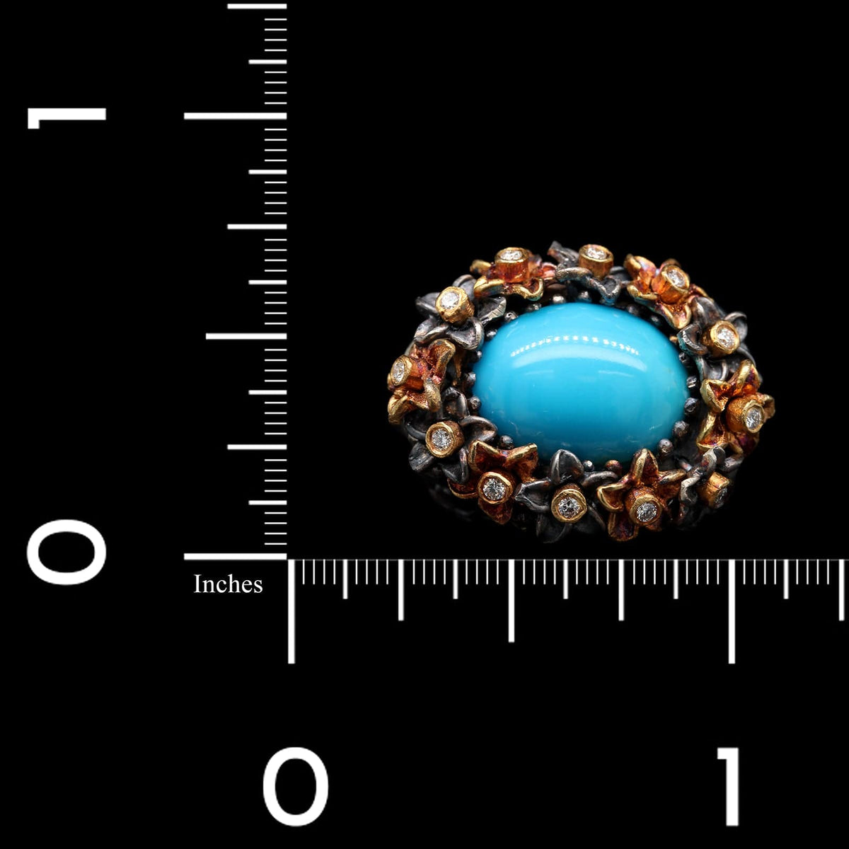 Lika Behar Sterling Silver 18K Rose Gold Estate Turquoise and Diamond Flower Ring