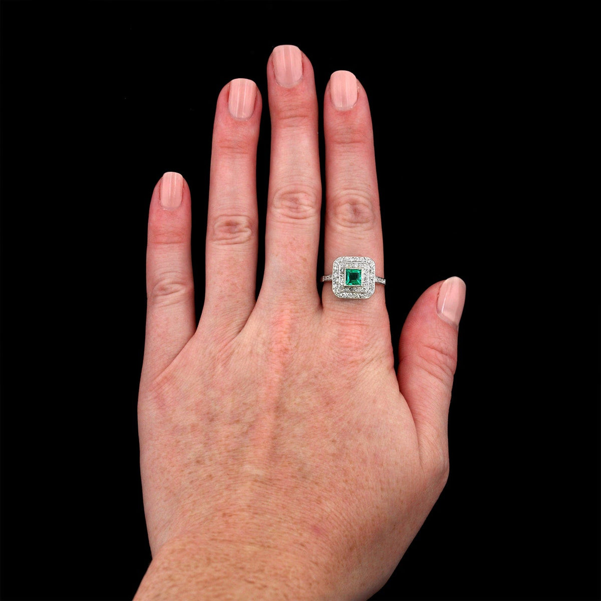 Vintage Platinum Estate Emerald and Diamond Ring