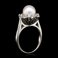 14K White Gold Estate Cultured Pearl and Diamond Ring