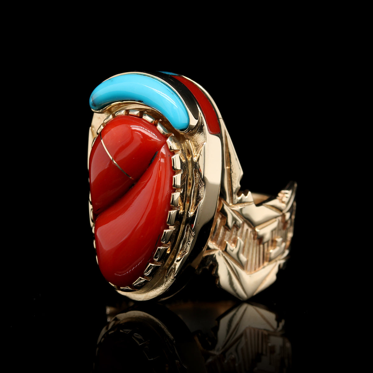 14K Yellow Gold Estate Coral and Turquoise Ring