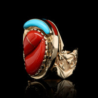 14K Yellow Gold Estate Coral and Turquoise Ring