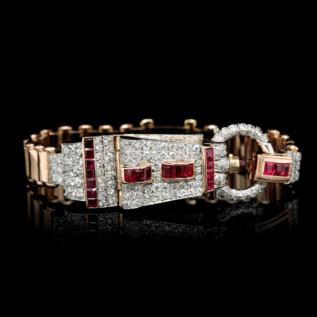 Retro 14K Rose Gold, Platinum, Estate Ruby and Diamond Covered Wristwatch