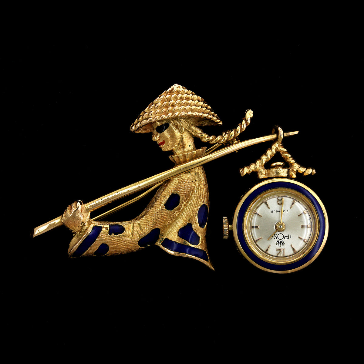 18K Yellow Gold Estate Asian Figural Carrier Enamel Watch Pin
