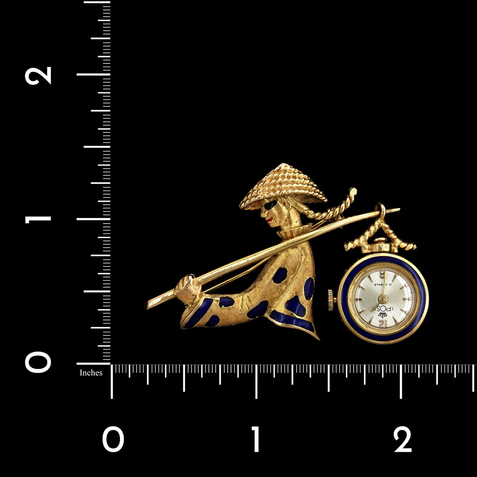 18K Yellow Gold Estate Asian Figural Carrier Enamel Watch Pin