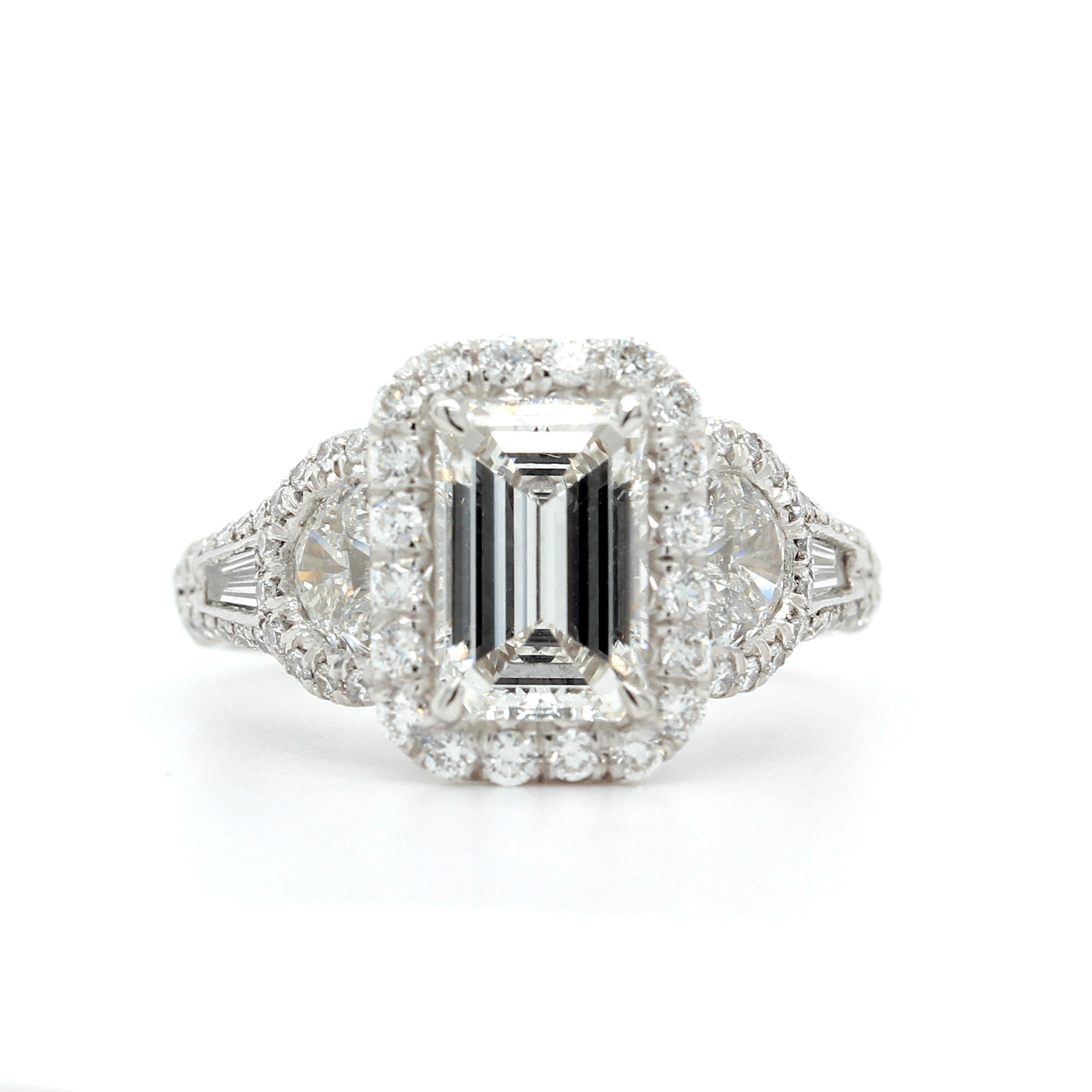 Platinum Emerald Cut Tapered Shank Halo Engagement Ring