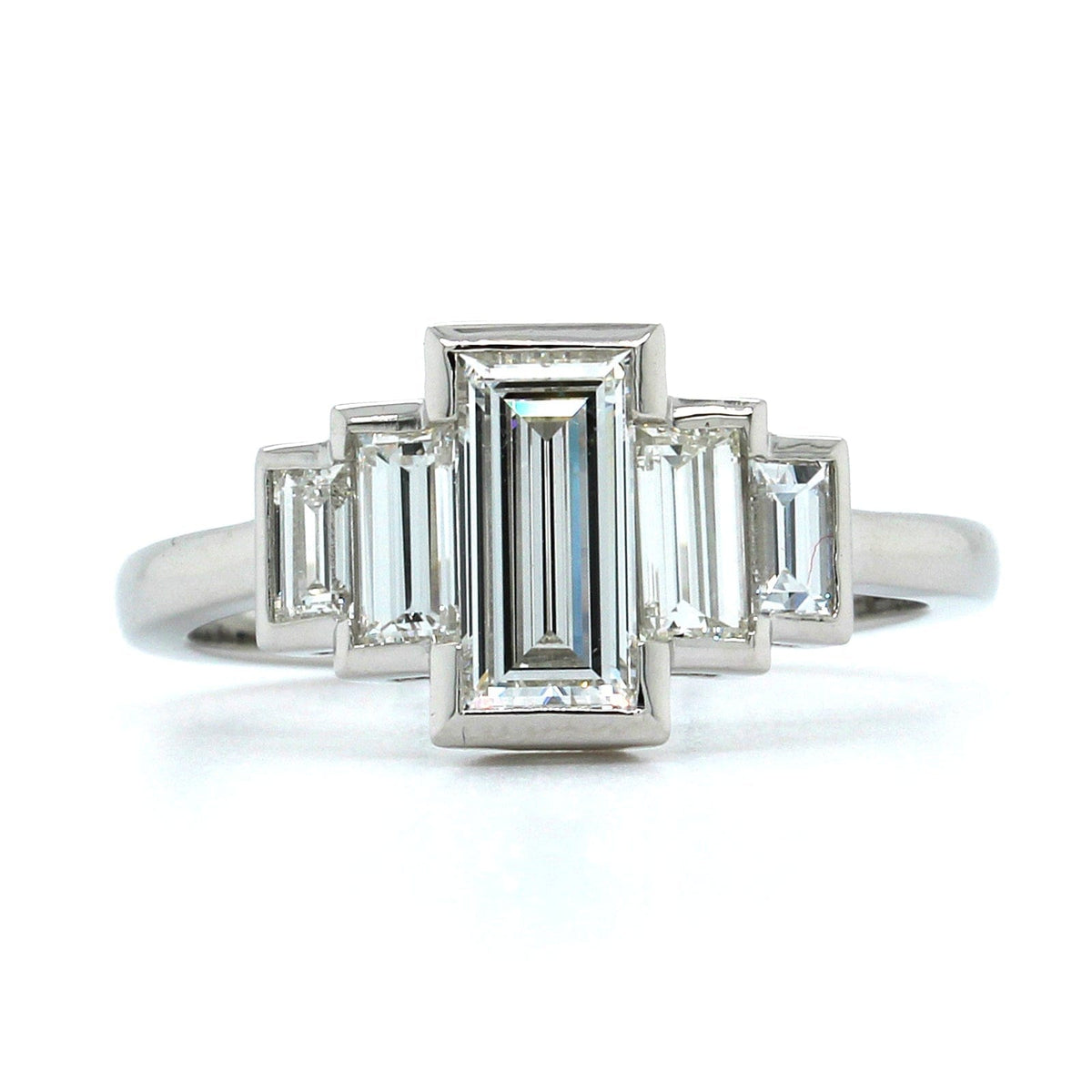Platinum 5 Stone Emerald Cut Retro Style Engagement Ring