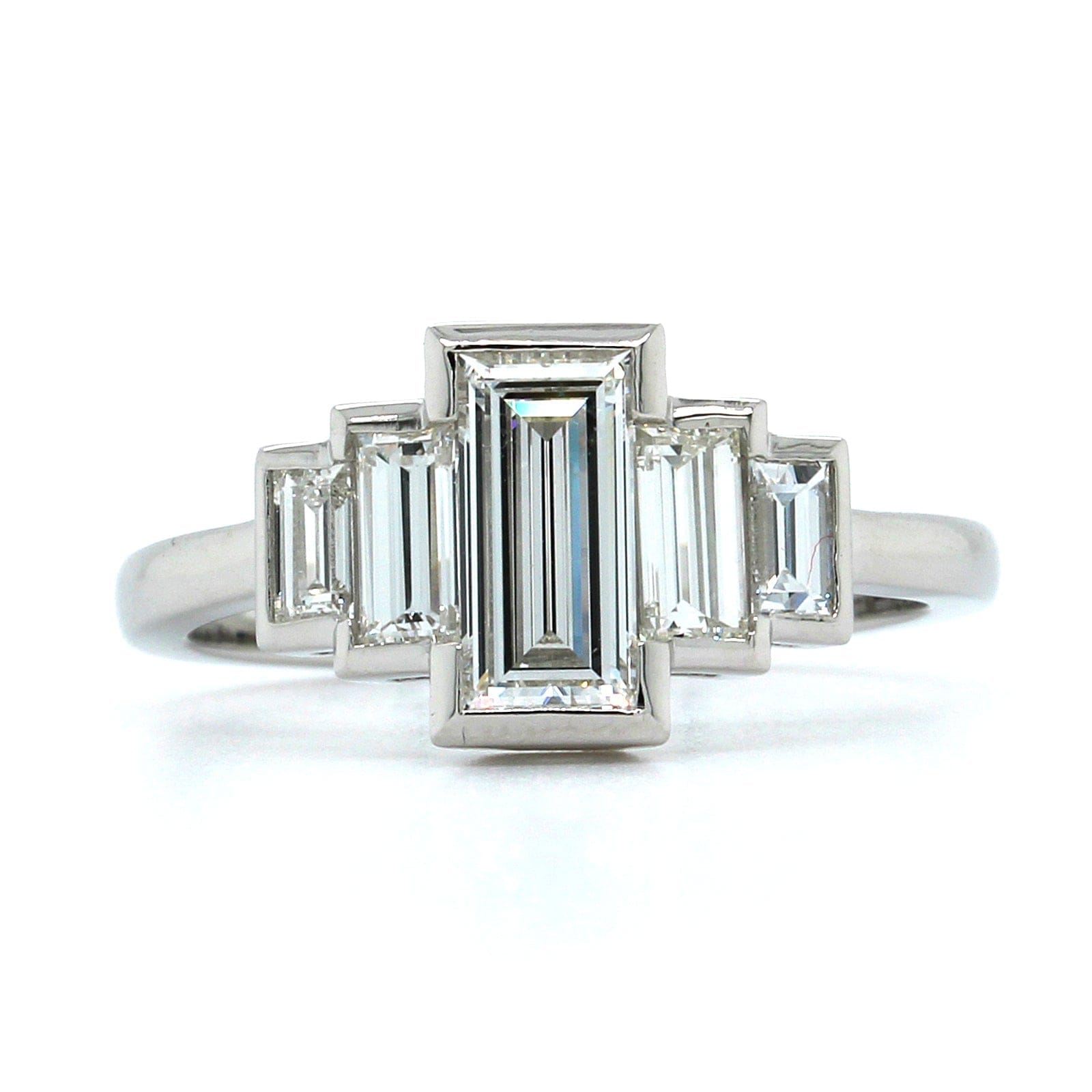 Platinum 5 Stone Emerald Cut Retro Style Engagement Ring