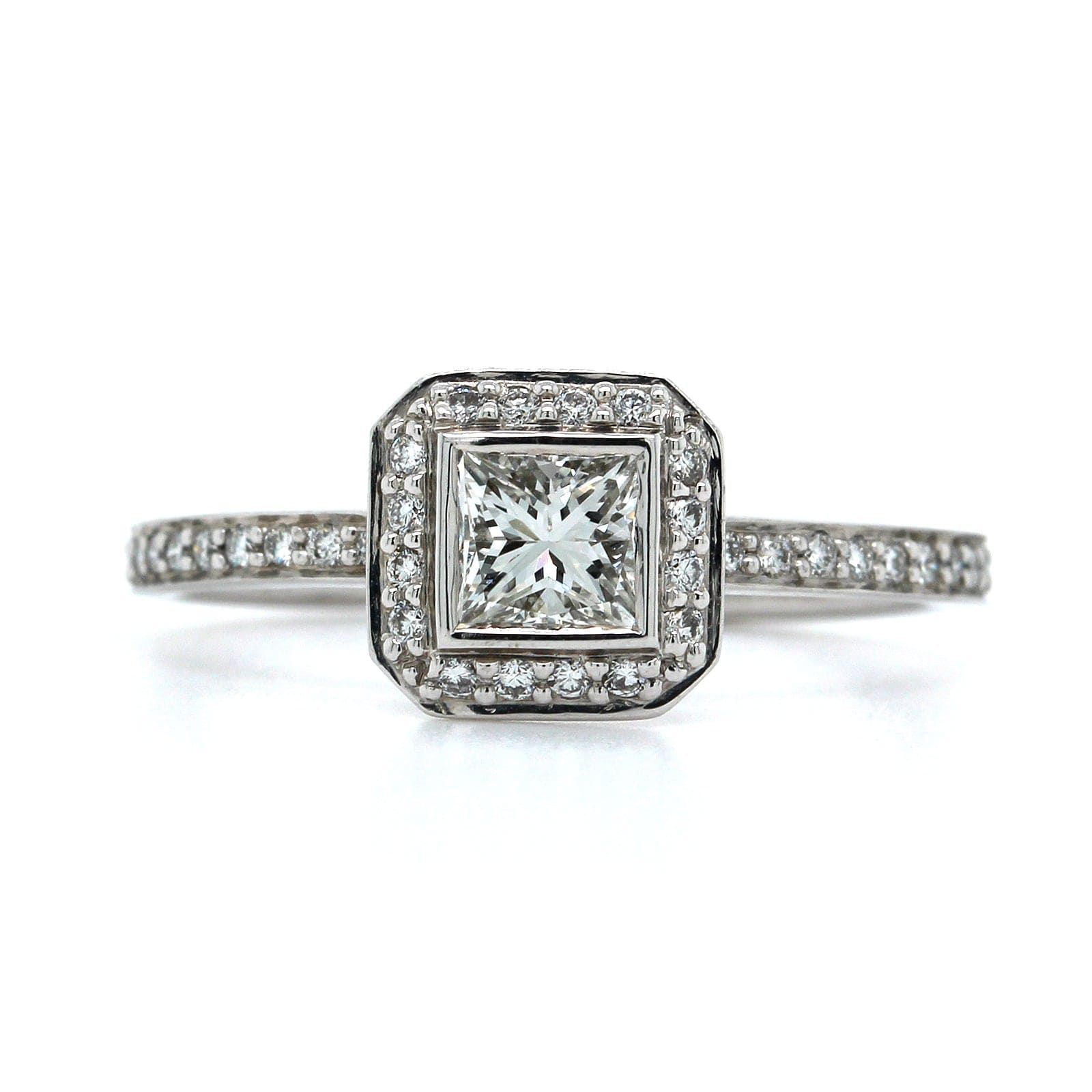 14K White Gold Princess Cut Diamond Halo Engagement Ring